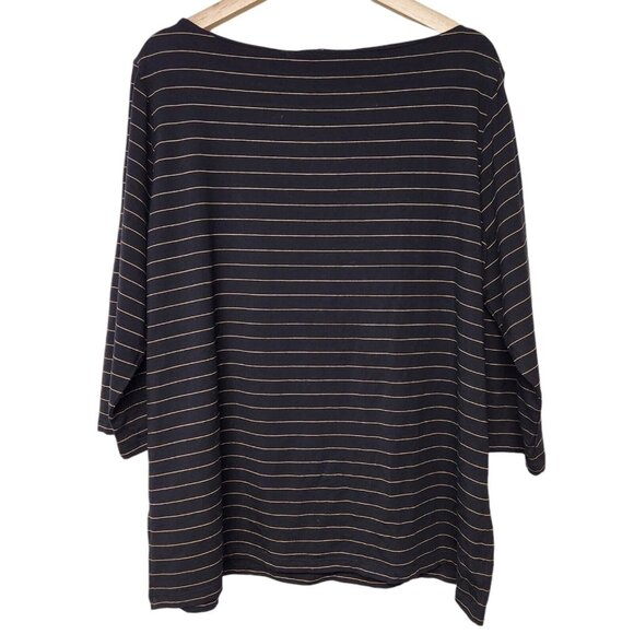 Lauren Ralph Laren 3X Boat Neck Top 3/4 Sleeves Black Tan Stripes Stretch Preppy - Picture 2 of 5